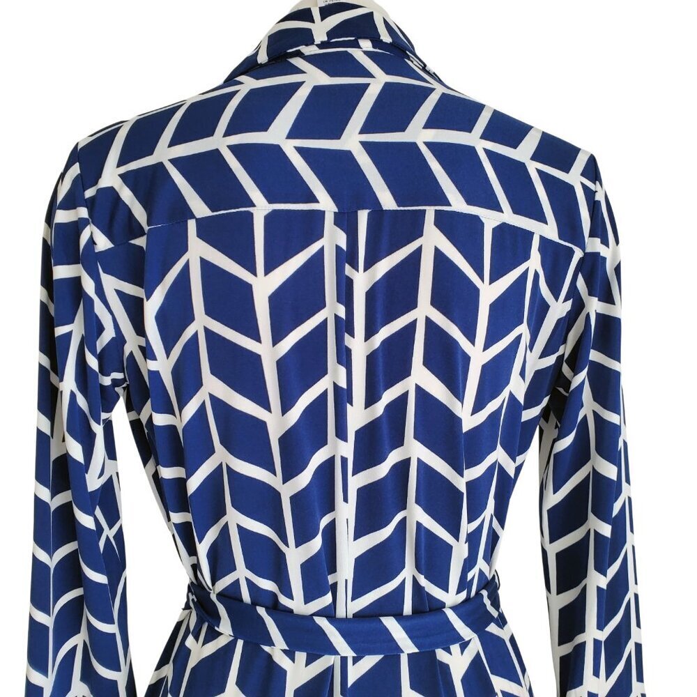Donna Morgan Career Dress Blue & White Abstract Print with Self Tie Size 4 - Picture 4 of 16
